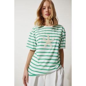 Happiness İstanbul Women's Green White Striped Star Pearl Embroidered Oversize Knitted T-Shirt obraz