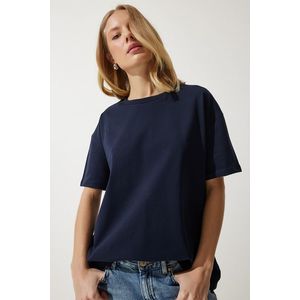 Happiness İstanbul Women's Navy Blue Loose Basic Cotton T-Shirt obraz