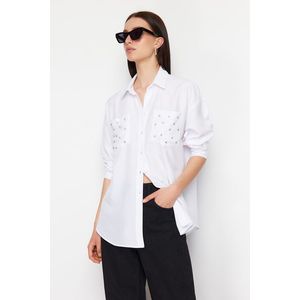 Trendyol Ecru Pocket Stone Detailed Oversize Wide Fit Woven Shirt obraz