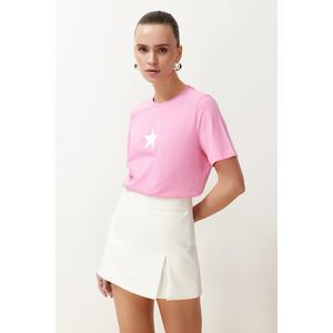 Trendyol Pink 100% Cotton Star Printed Regular/Normal Pattern Crew Neck Knitted T-Shirt obraz