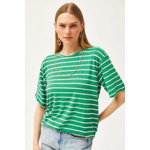 Olalook Women's Grass Green Striped Casual T-Shirt obraz