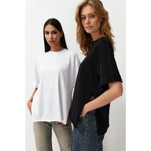 Trendyol Black-White 2 Pack Double Sleeve Oversize/Wide Cut Asymmetric Knitted T-Shirt obraz