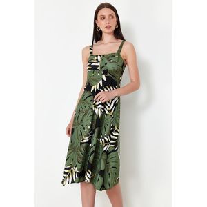 Trendyol Green Floral Printed Strap Zip A-line/Bell Opening Midi Knitted Dress obraz