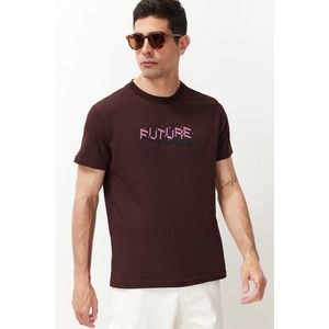 Trendyol Brown Regular Cut Text Printed 100% Cotton T-shirt obraz