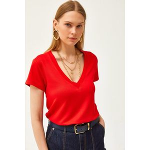 Olalook Women's Red Deep V-Neck Modal Button T-Shirt obraz