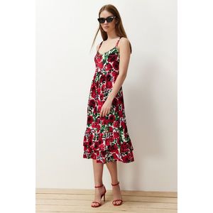 Trendyol Red Floral Strappy Skater/Waist Ribbed Elastic Knitted Midi Dress obraz