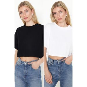 Trendyol Black & White 2-Pack 100% Cotton Relax Crop Knitted T-Shirt obraz