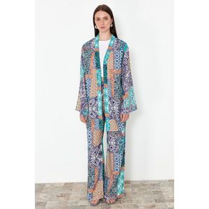 Trendyol Blue Shawl Pattern Kimono and Wide Leg Wide Leg Viscose Woven Bottom Top Set obraz