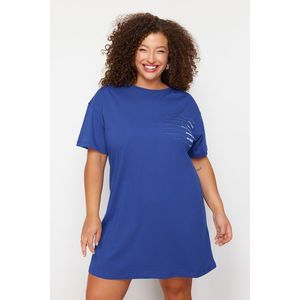 Trendyol Curve Blue Crew Neck Printed T-shirt Knitted Dress obraz