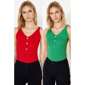 Trendyol Green-Red Double Pack V-Neck Top Knitwear Thin Blouse obraz