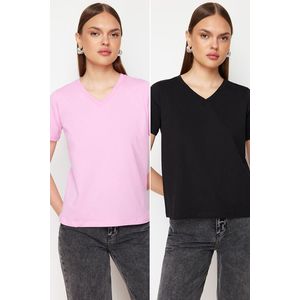 Trendyol Black-Pink 100% Cotton 2-Pack Basic V-Neck Knitted T-Shirt obraz