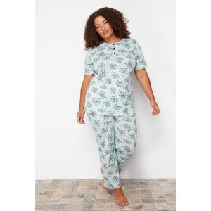 Trendyol Curve Mint Buttoned Flower Patterned Knitted Pajamas Set obraz