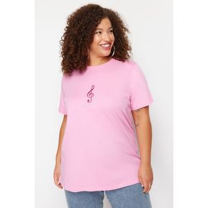 Trendyol Curve Pink Wide Fit Knitted Embroidered T-Shirt obraz