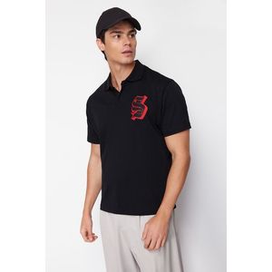 Trendyol Black Oversize/Wide Cut Letter Embroidered Polo Neck T-shirt obraz