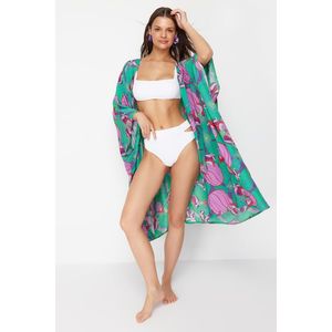 Trendyol Tropical Patterned Belted Maxi Woven Kimono & Kaftan obraz