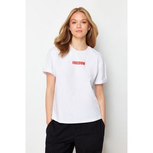 Trendyol White 100% Cotton Slogan Printed Relaxed/Comfortable Fit Crew Neck Knitted T-Shirt obraz