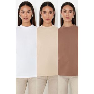 Trendyol White-Multi-Colored 3-Pack Cotton Regular/Normal Fit Stand-up Collar Knitted T-Shirt obraz
