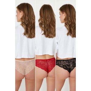 Trendyol Red-Multicolored Multicolored 3-Pack Lace Detailed Cotton Brazilian Panties obraz