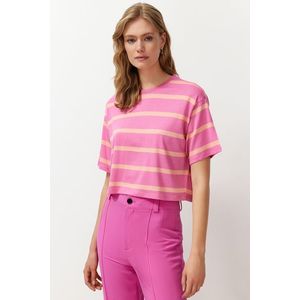 Trendyol Pink Striped Relaxed Crop Stretchy Knitted T-Shirt obraz