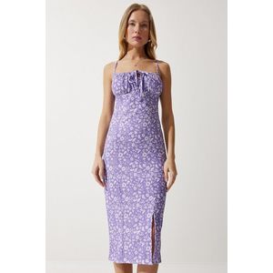 Happiness İstanbul Women's Vibrant Lilac Floral Slit Summer Knitted Dress obraz