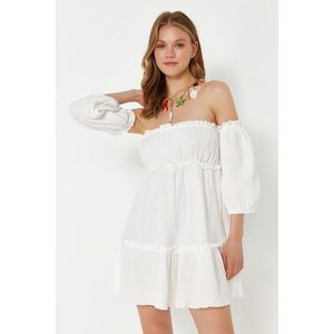 Trendyol White Mini Woven Ruffle Muslin Beach Dress obraz
