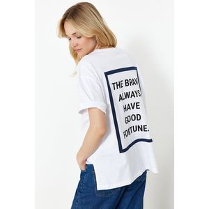 Trendyol White 100% Cotton Back Slogan Printed Oversize/Wide Fit Crew Neck Knitted T-Shirt obraz