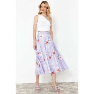 Trendyol Lilac Flower Patterned Pleated Satin Fabric Maxi Length Woven Skirt obraz