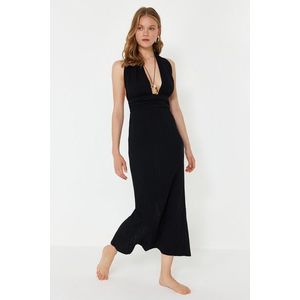 Trendyol Black Maxi Woven Back Low-cut Linen Blended Beach Dress obraz