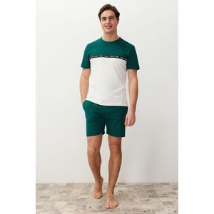 Trendyol Green Ecru Color Block Pajama Set with Elastic Waist Regular Fit Knitted Shorts obraz