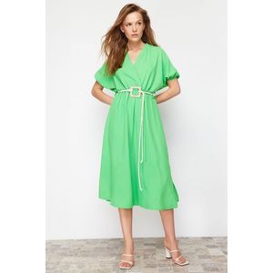 Trendyol Green Straight A-line Double Breasted Collar Balloon Sleeve Belt Detailed Lily Maxi Woven Dress obraz