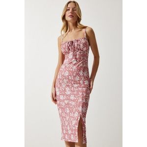 Happiness İstanbul Women's Dried Rose Floral Slit Summer Knitted Dress obraz