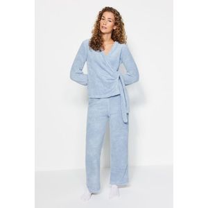 Trendyol Light Blue Double-Breasted Collar Wellsoft Shirt-Pants and Knitted Pajamas Set obraz