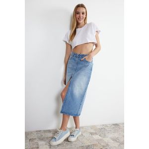 Trendyol Blue More Sustainable Front Zipper High Waist Midi Denim Skirt obraz