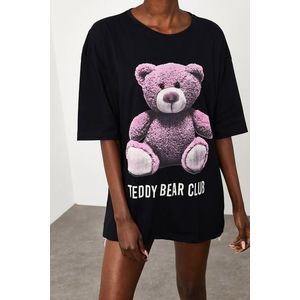 XHAN Women's Black Teddy Bear Printed Loose T-Shirt obraz
