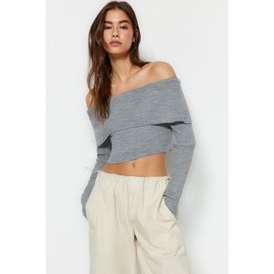 Trendyol Light Gray Super Crop Carmen Collar Knitwear Sweater obraz