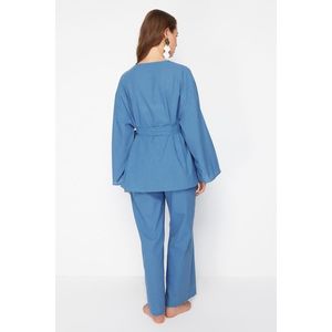 Trendyol Blue Belted Woven Embroidered Kimono Trousers Set obraz