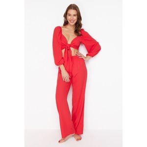 Trendyol Red Woven Tie-Down Blouse and Trousers Set obraz