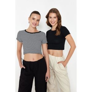 Trendyol Black Striped-Black Plain 2 Pack Fitted Crop Ribbed Knitted Blouse obraz