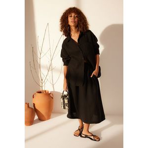 Trendyol Black 100% Linen Elastic Waist Midi Skirt obraz