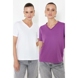 Trendyol Purple-White 100% Cotton 2-Pack Basic V-Neck Knitted T-Shirt obraz