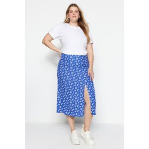 Trendyol Curve Blue Floral Pattern Woven Viscose Skirt with a Slit obraz