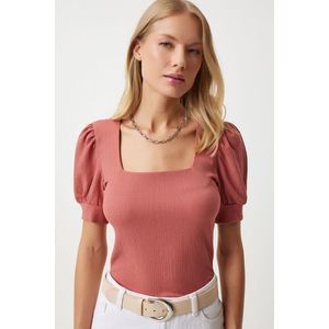 Happiness İstanbul Women's Dark Rose Square Collar Balloon Sleeve Knitted Blouse obraz