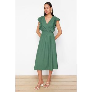 Trendyol Green Wrap/Textured Skater/Waisted Double Breasted Closure Flexible Knitted Midi Dress obraz
