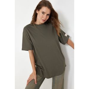 Trendyol Anthracite More Sustainable 100% Cotton Oversize Cut Woven Label Knitted T-Shirt obraz