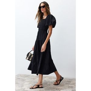 Trendyol Black Waist Opening Gipe and Back Detailed Square Collar Maxi Woven Dress obraz