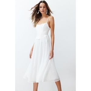Trendyol White A-Line Lined Corset Detailed Tulle Elegant Evening Dress obraz
