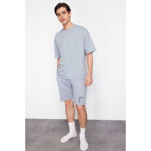 Trendyol Gray Oversize Printed Knitted Pajama Set with Shorts obraz