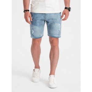 Ombre Men's denim short shorts with holes - light blue obraz