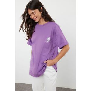 Trendyol Purple Back Printed Oversize/Wide Fit Crew Neck Knitted T-Shirt obraz