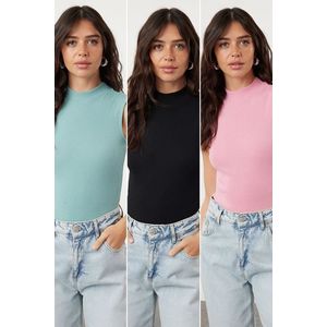 Trendyol Black-Pink-Mint 3-Pack Fitted Flexible Knitted Blouse obraz